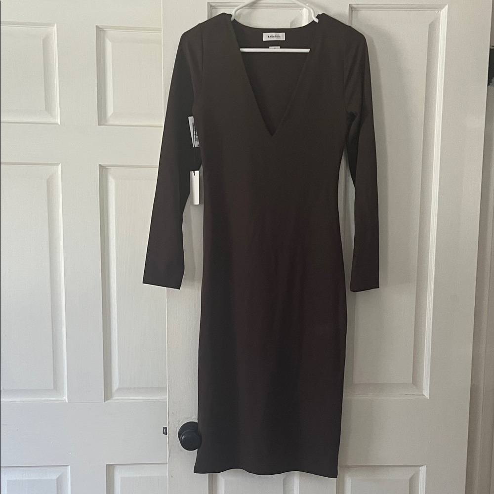 Babaton Black Long-Sleeve V-Neck Midi Dress